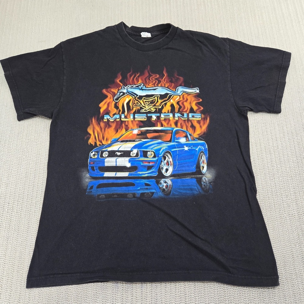 Vtg 2005 Ford Mustang GT Shirt Mens Large Black Muscle Car Fire Flames Graphic